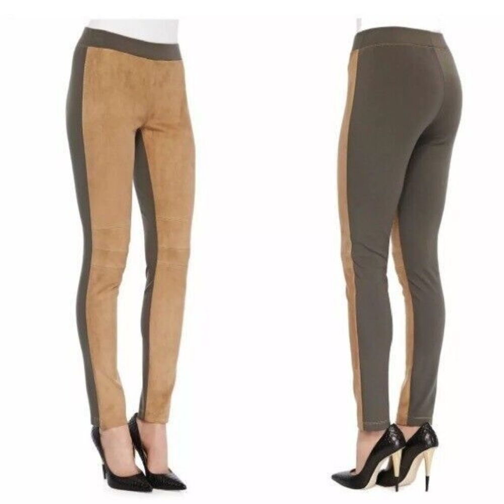 LAFAYETTE 148 Tan 2-Tone Leather Suede Stretch Pants Equestrian SIZE MEDIUM